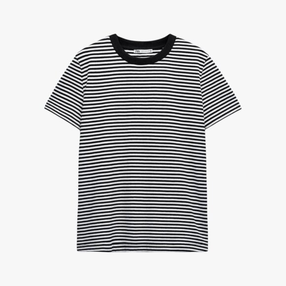 ZARA | "ENZYME FINISH" 100% COTTON BLACK AND WHITE STRIPED T-SHIRT - Picture 1 of 4